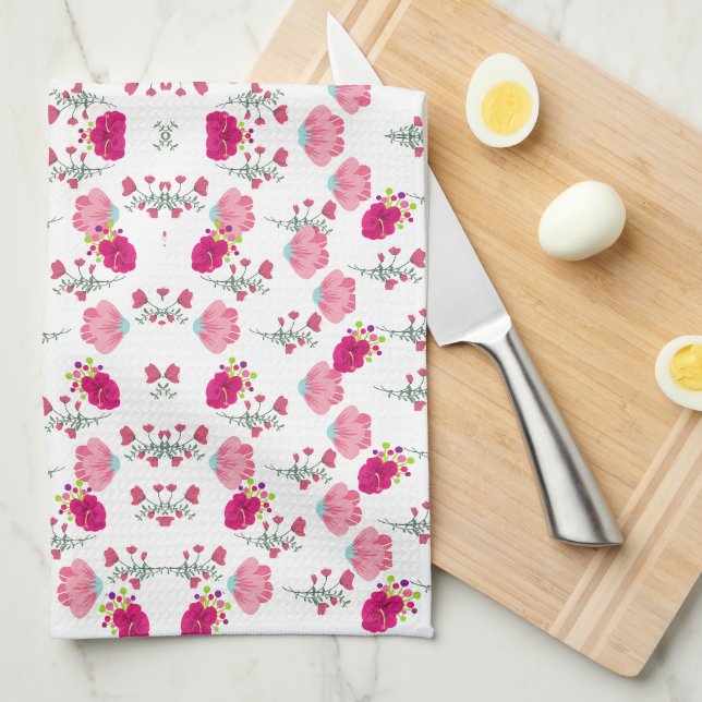 Red & Blush Pink Symmetrical Floral Garden Pattern Kitchen Towel (Quarter Fold)