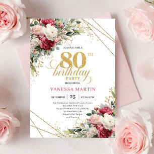 Red blush roses chic gold accent card 80th birthda