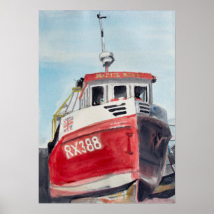 Red Boat Coastal Watercolor Poster