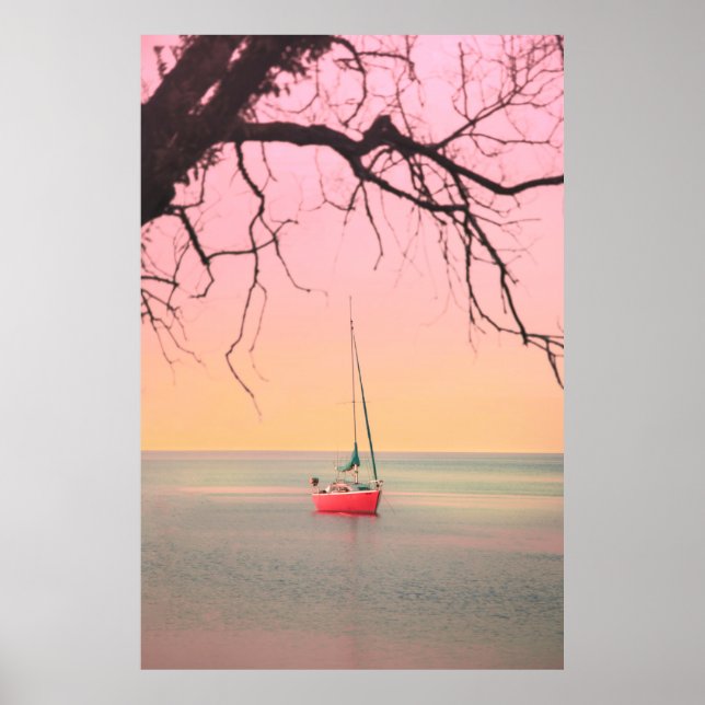RED BOAT ON BEACH DURING SUNSET POSTER (Front)