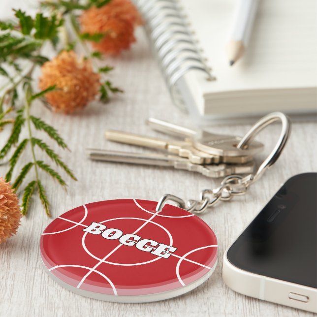 Red Bocci Ball keychain with custom text (Front Right)