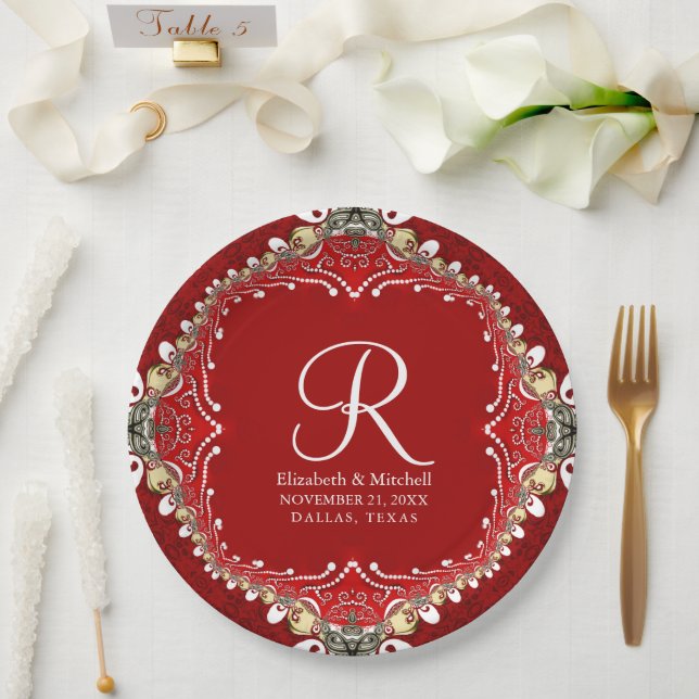 Red Bohemian Batik Monogram V2 Wedding  Paper Plate (Wedding)