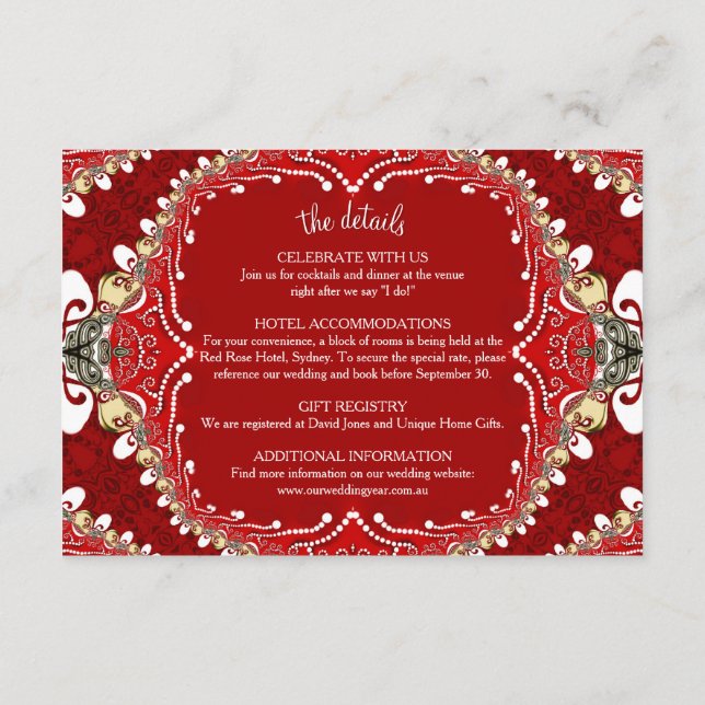Red Bohemian Batik Monogram Wedding Enclosure Card (Back)