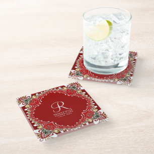 Red Bohemian Batik Monogram Wedding  Glass Coaster