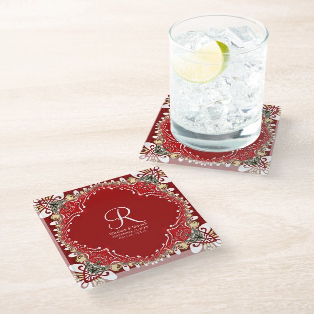 Red Bohemian Batik Monogram Wedding  Glass Coaster (Angled)