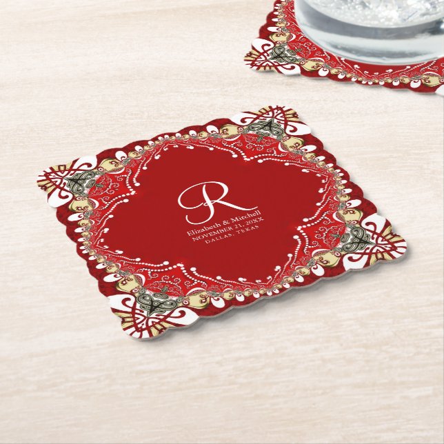 Red Bohemian Batik Monogram Wedding  Paper Coaster (Angled)