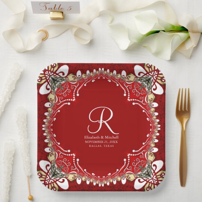 Red Bohemian Batik Monogram Wedding  Paper Plate (Wedding)