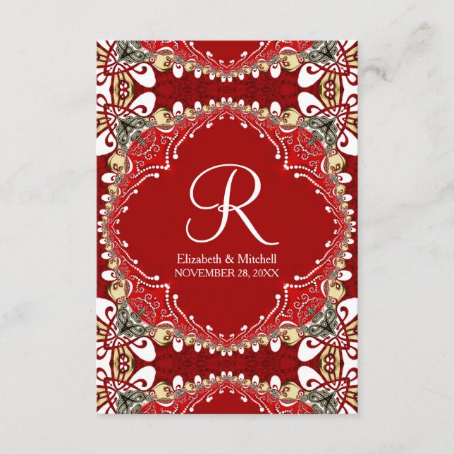 Red Bohemian Batik Monogram Wedding Vertical Enclosure Card (Front)