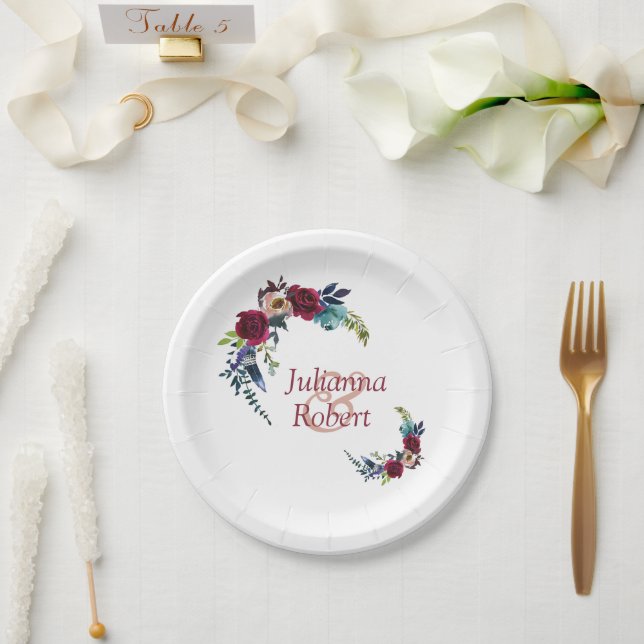 Red boho floral   paper plates (Wedding)