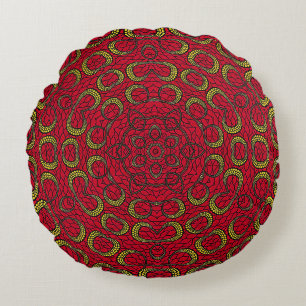 Red Boho Mandala Geometric Rosette Retro Hippie Round Pillow