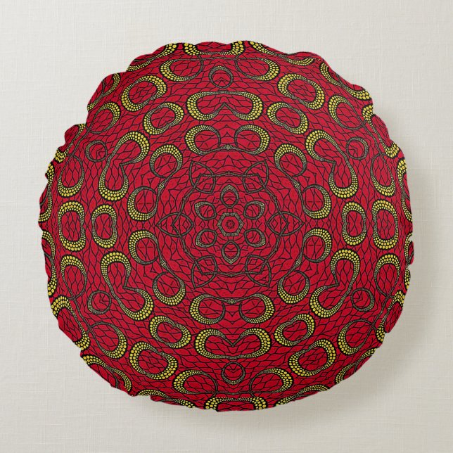 Red Boho Mandala Geometric Rosette Retro Hippie Round Pillow (Front)