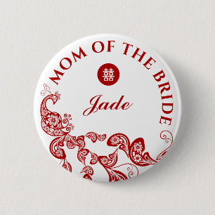 Red Boho Peacock Asian Wedding Mother Of The Bride 2 Inch Round Button