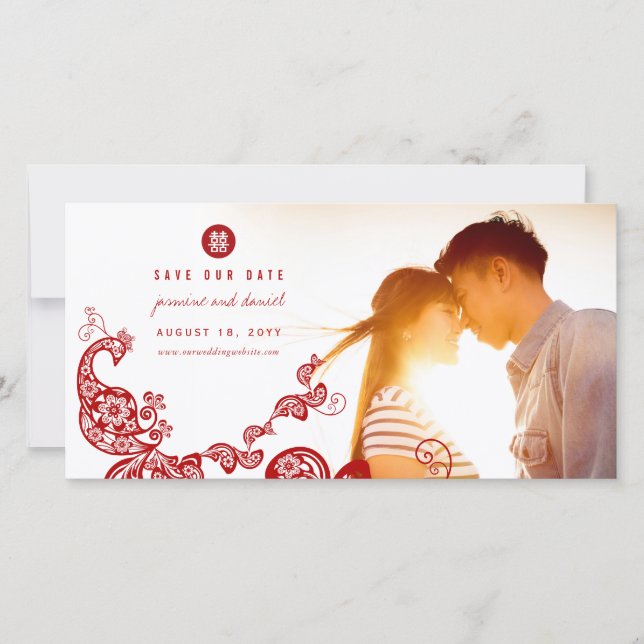 Red Boho Peacock Chinese Double Happiness Photo Save The Date (Front)