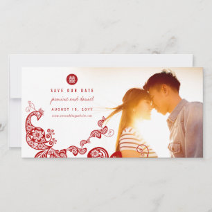 Red Boho Peacock Chinese Double Happiness Photo Save The Date