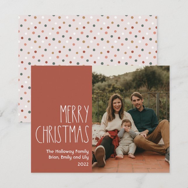 Red Boho Polka Dot Christmas Single Photo Holiday Card (Front/Back)