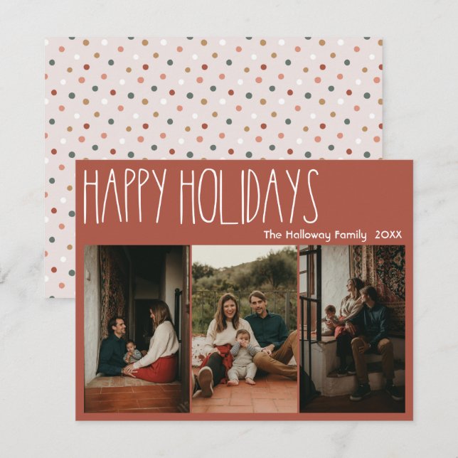 Red Boho Polka Dot Happy Holidays Three-Photo Holiday Card (Front/Back)
