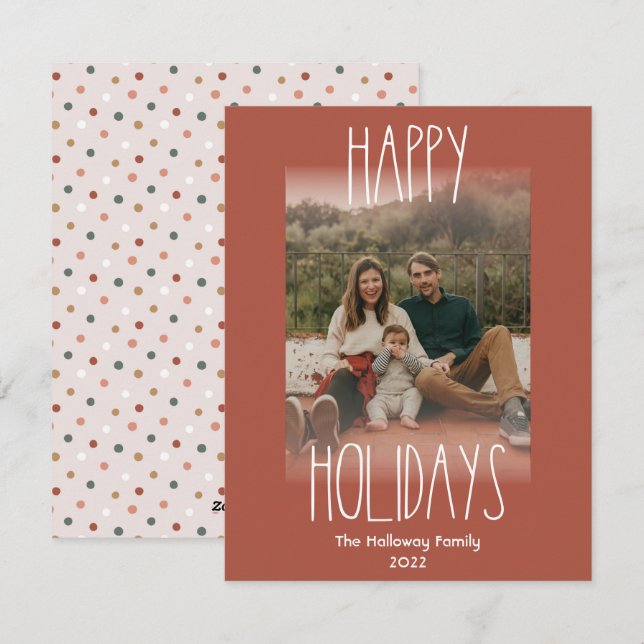 Red Boho Polka Dot Vertical Faded Photo Holiday Card (Front/Back)