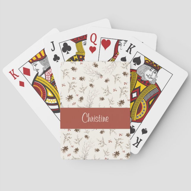 Red Boho Watercolor Woodland Monogram Name Playing Cards (Back)