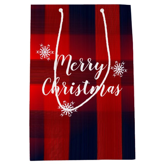 Red Bokeh Buffalo Plaid Merry Christmas Medium Gift Bag (Front)