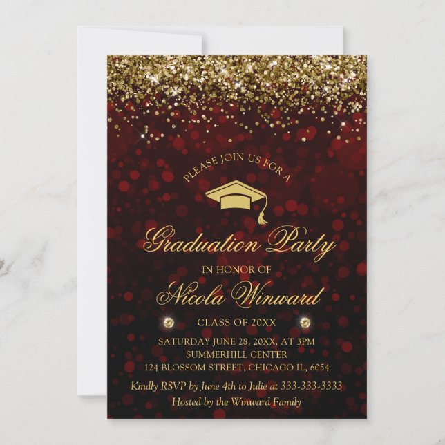 Red Bokeh & Gold Glitter Graduation Party Invitation (Front)