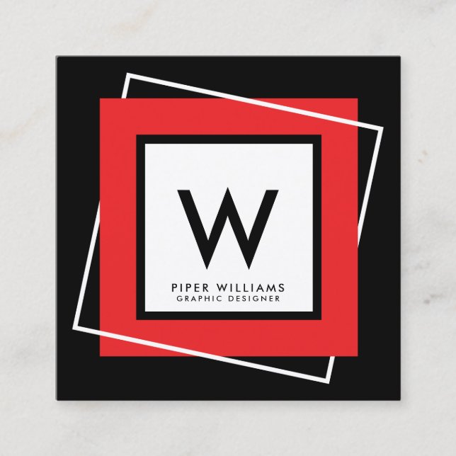 Red Bold Geometric Square Frame Monogram Square Business Card (Front)