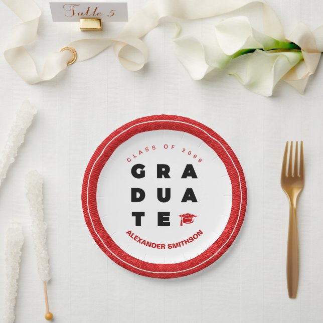 Red Bold GRADUATE Letters and Cap Graduation Paper Plate (Wedding)