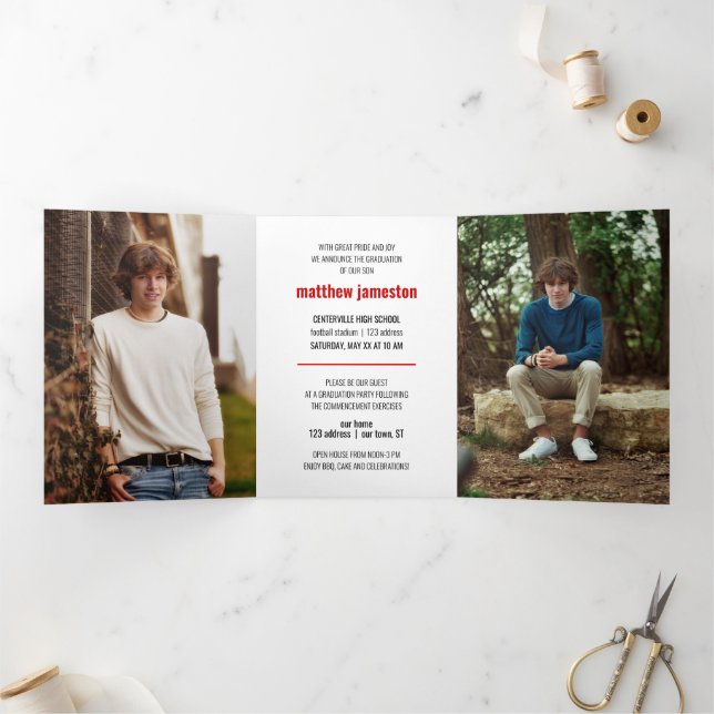 Red Bold & Modern Photo Graduation Tri-Fold Invitation (Inside)