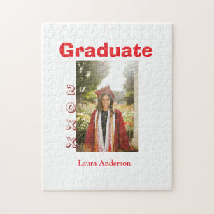 Red bold photo graduation add name class text jigsaw puzzle