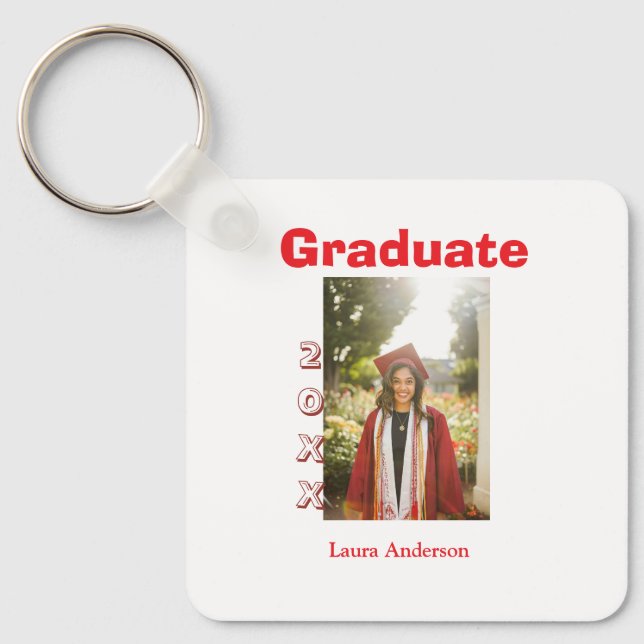 Red bold photo graduation add name class text keychain (Front)