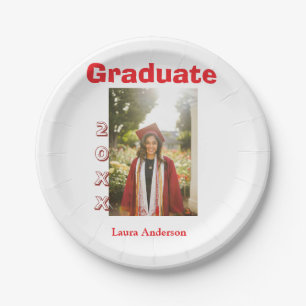 Red bold photo graduation add name class text paper plate