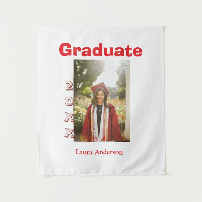Red bold photo graduation add name class text tapestry (Front)