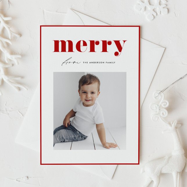 Red Bold Retro Merry Typography Photo Christmas Holiday Postcard (Celebrate the holidays with this stylish photo postcard featuring bold red "merry" retro lettering.)