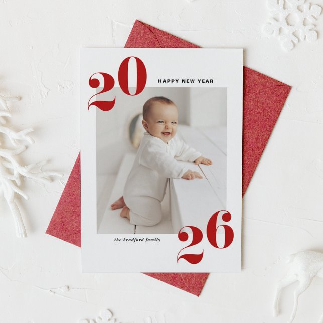 Red Bold Typography 2025 New Year Photo Holiday Card (Customizable photo Happy New Year card featuring 2026 in red retro bold typography.)