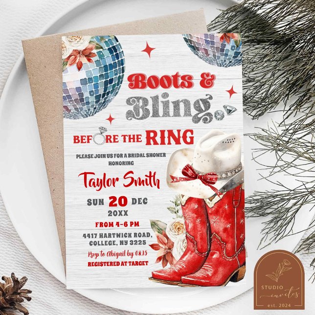 Red Boots and Bling Disco Christmas Bridal Shower Invitation (Creator Uploaded)