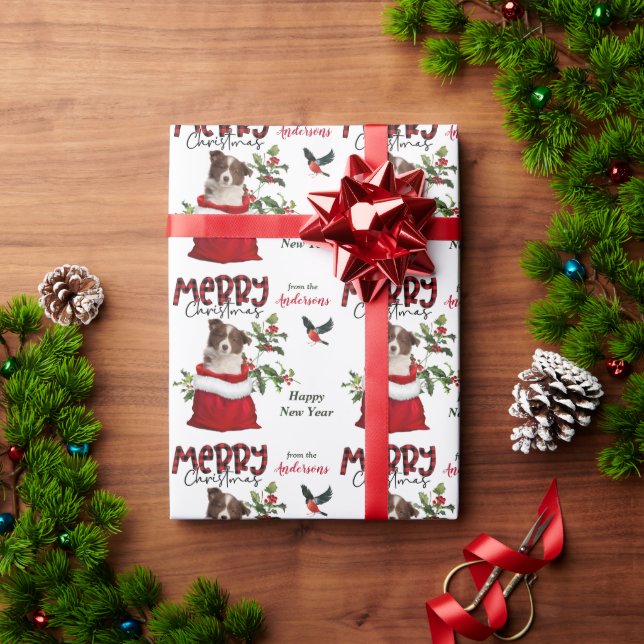 Red Border Collie Puppy in Christmas Gift Bag Wrapping Paper (Holiday Gift)