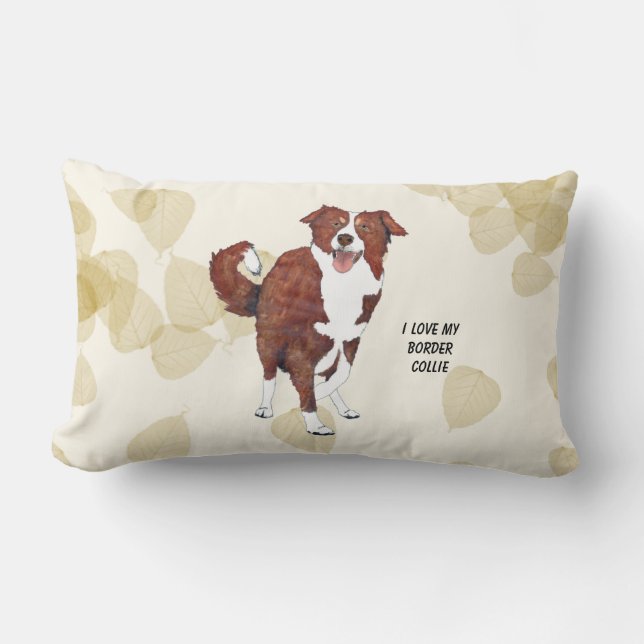 Red Border Collie, Tan Leaves Lumbar Pillow (Front)