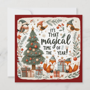 Red border Cute Christmas forest robins and foxes  Holiday Card