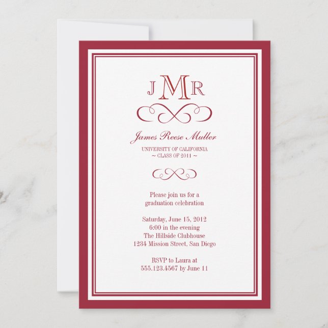 Red border frame classy monogram graduation invitation (Front)