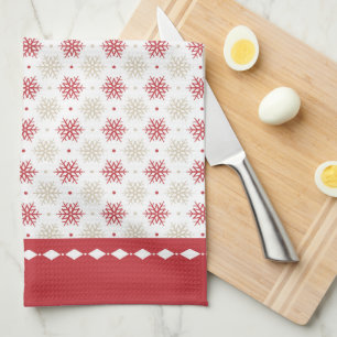 Red Border Snowflake Pattern Holiday Kitchen Towel