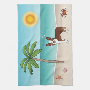 Red Boston Terrier At A Tropical Summer Beach Kitchen Towel