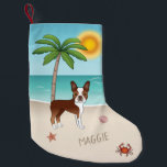 Red Boston Terrier At A Tropical Summer Beach Small Christmas Stocking<br><div class="desc">Destei's original cartoon illustration of a cute red and white coat colour Boston Terrier breed dog standing in a tropical summer beach scene. On the beige colour sand there is a palm tree, a pink seashell together with a starfish and a red crab. The water is turquoise blue with some...</div>