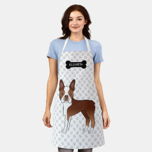 Red Boston Terrier Cartoon Dog With Bone & Name Apron