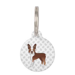 Red Boston Terrier Cartoon Dog With Pet's Info Pet Tag