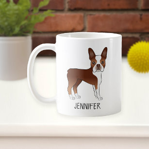 Red Boston Terrier Cute Cartoon Dog & Custom Name Coffee Mug