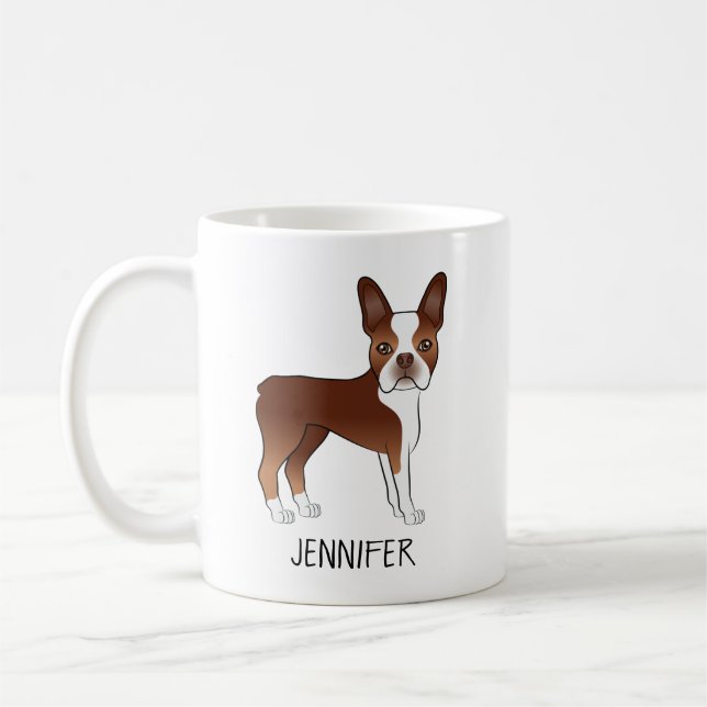 Red Boston Terrier Cute Cartoon Dog & Custom Name Coffee Mug (Left)