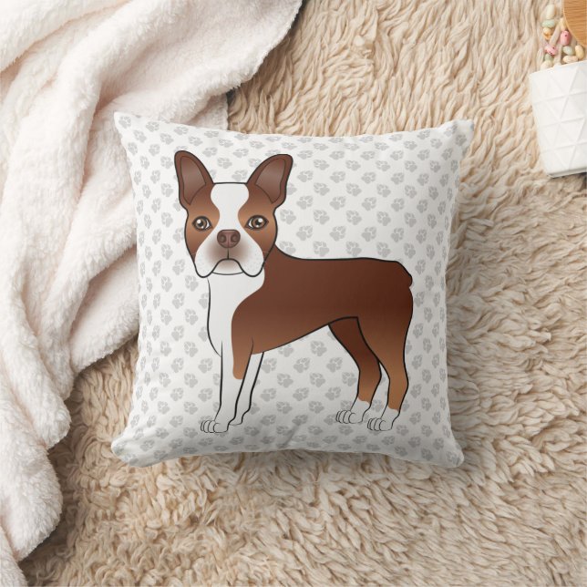 Red Boston Terrier Cute Cartoon Dog Drawing & Paws Throw Pillow (Blanket)