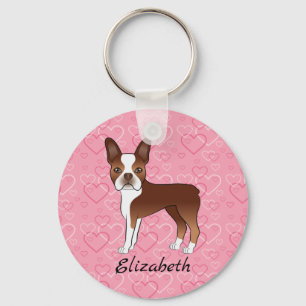Red Boston Terrier Dog On Pink Hearts And Name Keychain