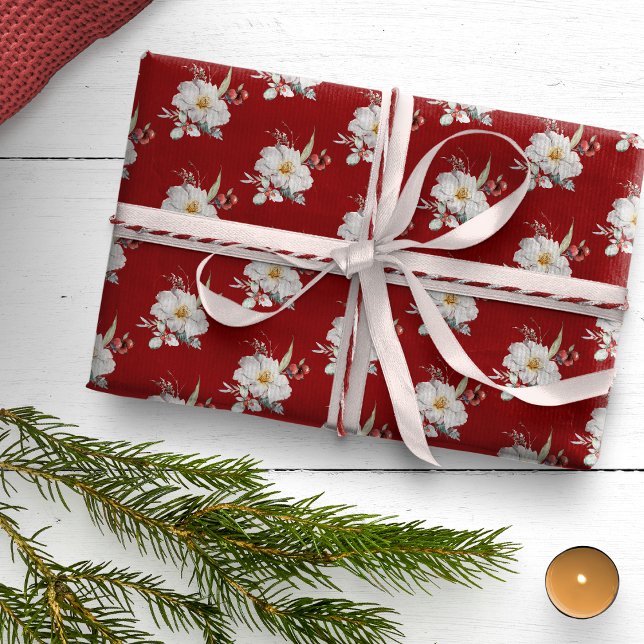 Red Botanical Holiday Wrapping Paper (Boho Chic Watercolor Floral Botanical Christmas Holiday Wrapping Paper by Painted Paperie)
