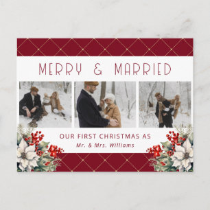 Red Botanical Photo Newlywed Holiday Postcard