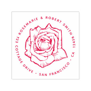 Red Botanical Rose Flower Blossom Return Address Self-inking Stamp